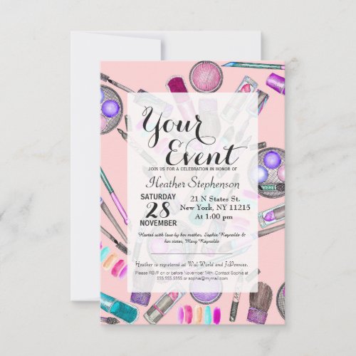 Girly Girl Hand Painted Watercolor Makeup on Pink Invitation