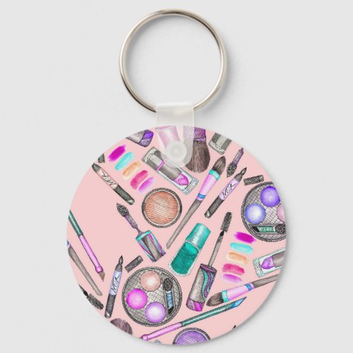 Girly Girl Hand Painted Watercolor Makeup on Pink Keychain