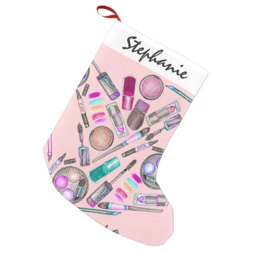Girly Girl Hand Painted Watercolor Makeup on Pink Small Christmas Stocking