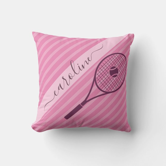 Girly Girl Pink Striped Tennis Racket & Ball Cute  Throw Pillow (Front)