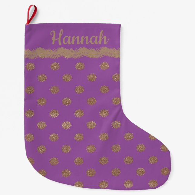 Girly-Girl Purple and Gold Glitter Personalized Large Christmas Stocking (Front)