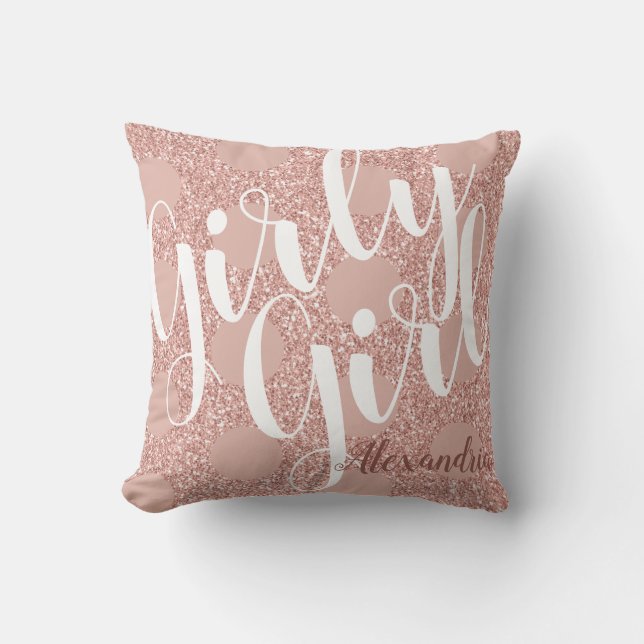 Girly Girl Rose Blush Glitter Polka Dot Named Thro Throw Pillow (Front)