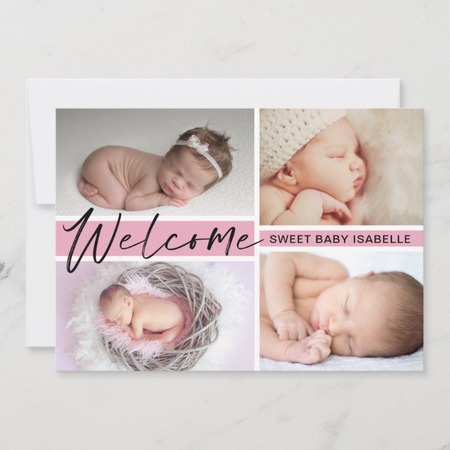 Girly Girl Welcome Sweet Baby Photo Collage Birth Announcement (Front)