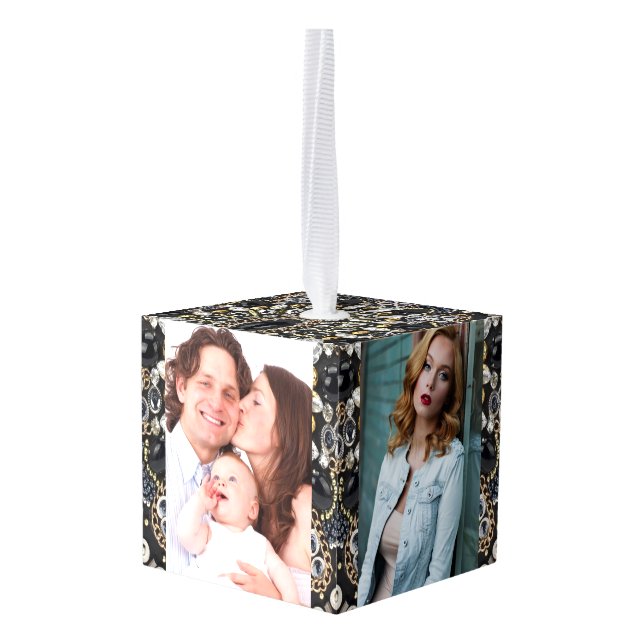 girly glam art deco black gold bohemian  cube ornament (Back Angled)