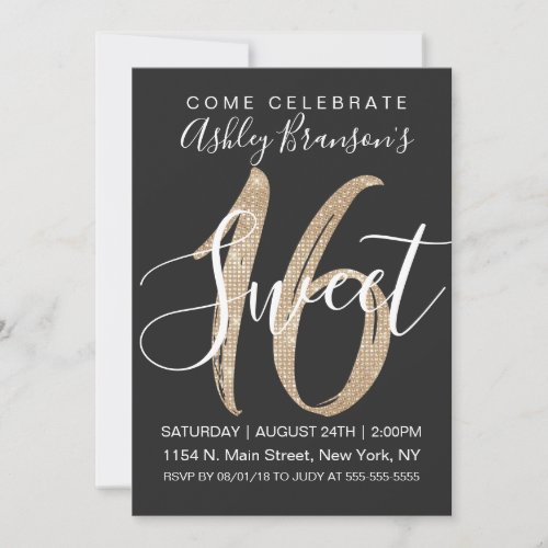 Girly Glam Black Faux Gold Sequin Glitter Sweet 16 Invitation