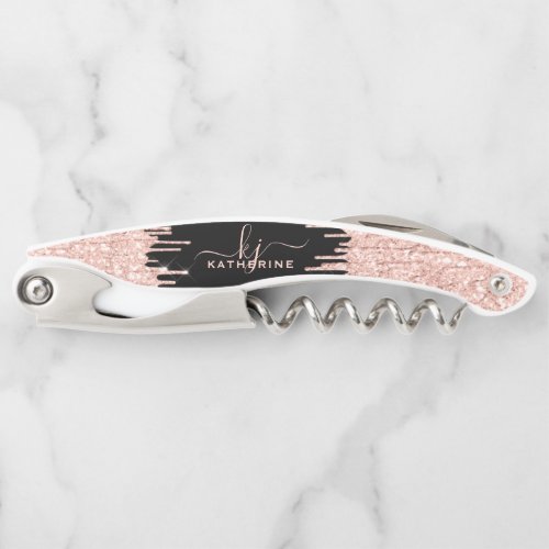 Girly Glam Black Rose Gold Glitter Drips Monogram Waiters Corkscrew