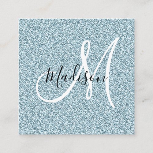 Girly  Glam Blue Silver Glitter Sparkle Monogram Square Business Card