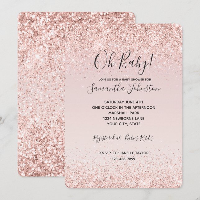 Girly Glam Blush Pink Glitter Sparkle Baby Shower Invitation (Front/Back)