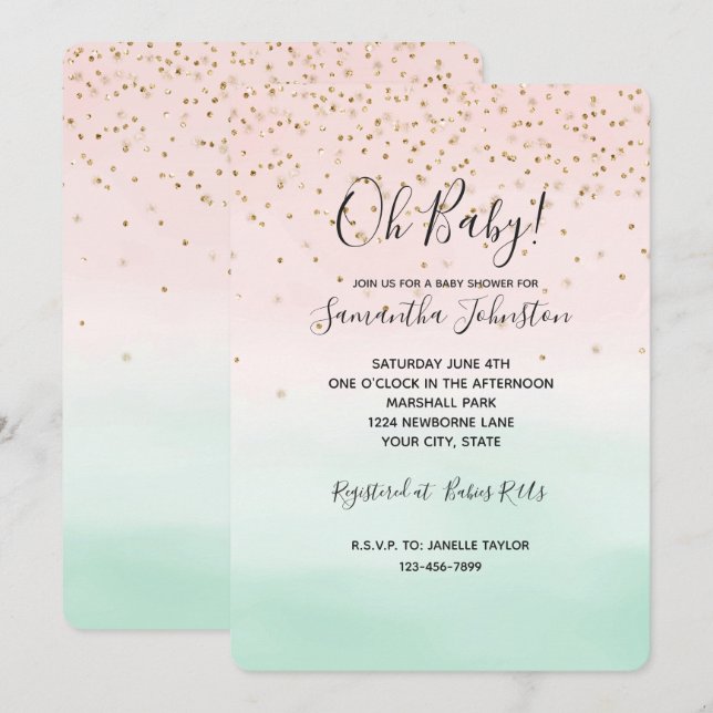 Girly Glam Blush Pink Mint Gold Sparkle Confetti Invitation (Front/Back)