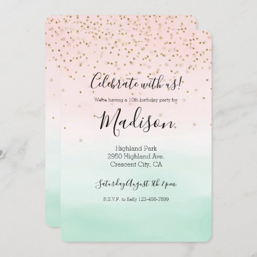 Girly Glam Blush Pink Mint Gold Sparkle Confetti Invitation