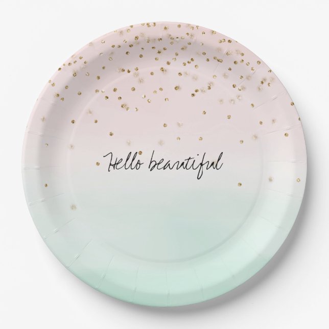 Girly Glam Blush Pink Mint Gold Sparkle Confetti Paper Plates (Front)