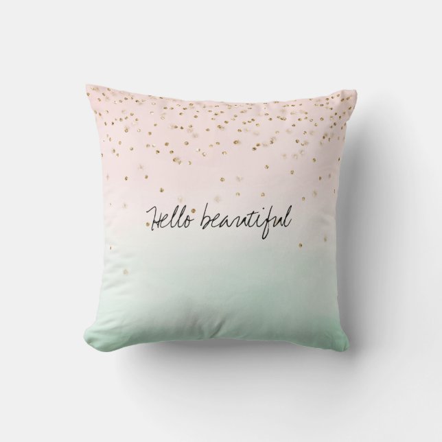 Girly Glam Blush Pink Mint Gold Sparkle Confetti Throw Pillow (Front)