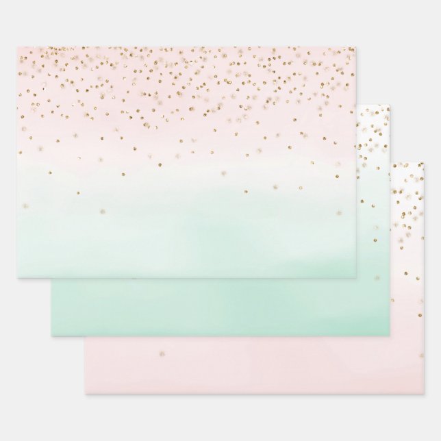 Girly Glam Blush Pink Mint Gold Sparkle Confetti Wrapping Paper Sheets (Set)