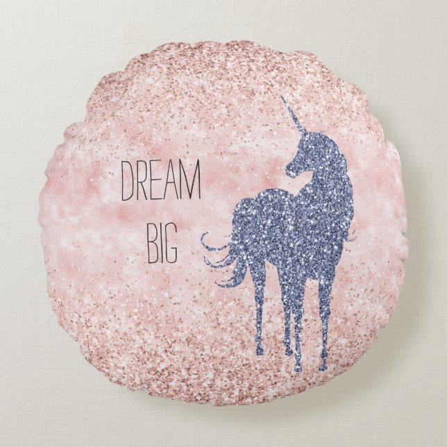 Girly Glam Blush Pink Purple Unicorn Glitter Round Pillow (Front)