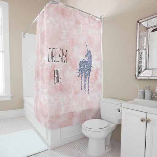 Girly Glam Blush Pink Purple Unicorn Glitter Shower Curtain