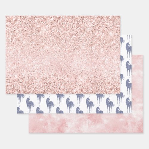 Girly Glam Blush Pink Purple Unicorn Glitter Wrapping Paper Sheets