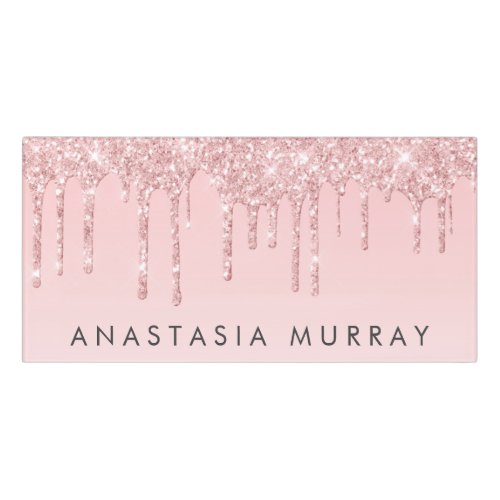 Girly Glam Blush Pink Rose Gold Glitter Drips Name Door Sign