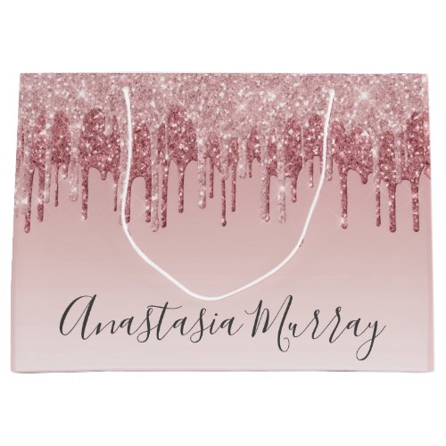 Girly Glam Blush Pink Rose Gold Glitter Drips Name Large Gift Bag