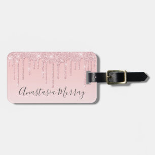 Girly Glam Blush Pink Rose Gold Glitter Drips Name Luggage Tag