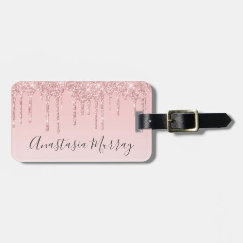 Girly Glam Blush Pink Rose Gold Glitter Drips Name Luggage Tag