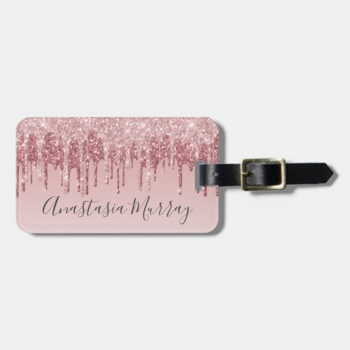 Girly Glam Blush Pink Rose Gold Glitter Drips Name Luggage Tag