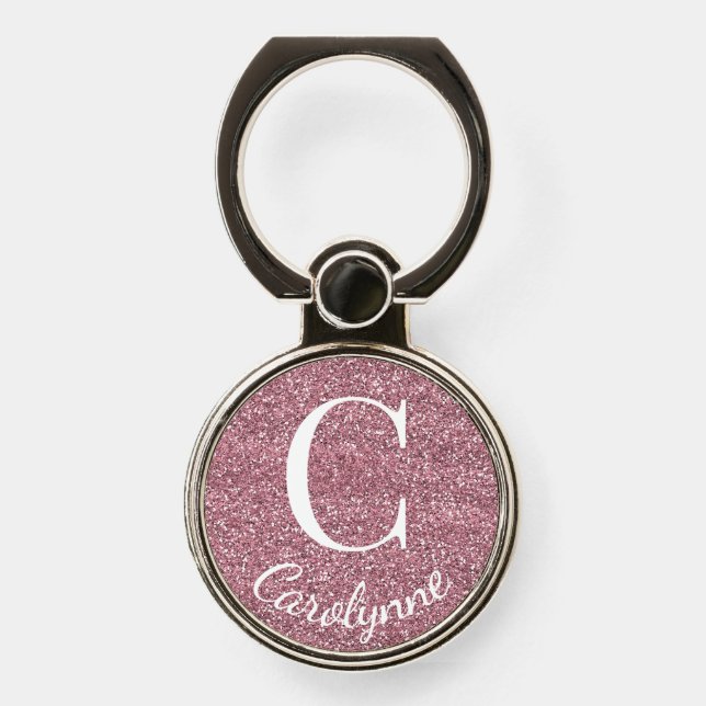 Girly Glam Blush Pink | Rose Gold Glitter Monogram Phone Ring Stand (Front)