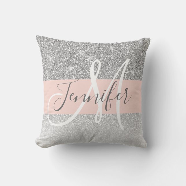 Girly Glam Blush Pink Silver Glitter Monogram Name Throw Pillow (Front)