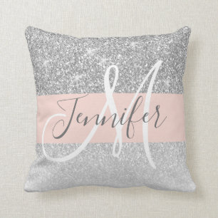 Girly Glam Blush Pink Silver Glitter Monogram Name Throw Pillow