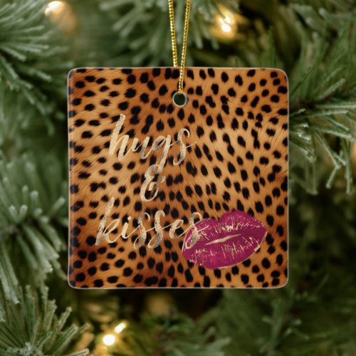 Girly Glam Cheetah Leopard Hugs  Kisses Lips Ceramic Ornament