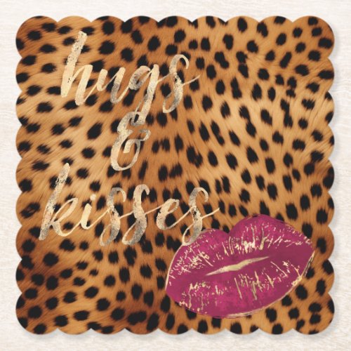 Girly Glam Cheetah Leopard Hugs  Kisses Lips Paper Coaster