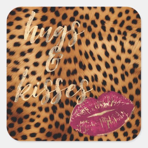 Girly Glam Cheetah Leopard Hugs  Kisses Lips Square Sticker