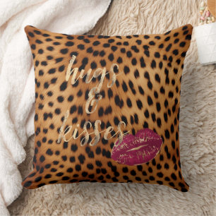 Girly Glam Cheetah Leopard Hugs & Kisses Lips Throw Pillow