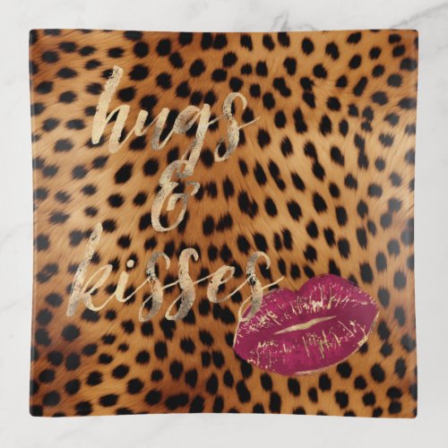 Girly Glam Cheetah Leopard Hugs  Kisses Lips Trinket Tray