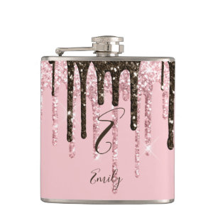 Girly Glam Chic Pink Sparkles Modern Monogram Flask