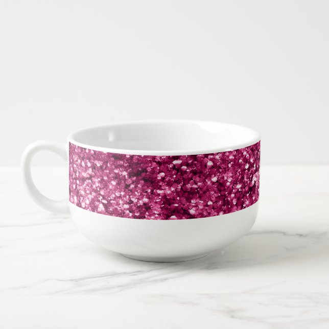 Girly Glam Fuchsia Pink Glitter Soup Mug (Right)