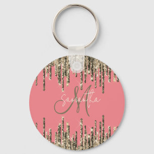 Girly Glam Glittery Pink & Golden Monogram Keychain