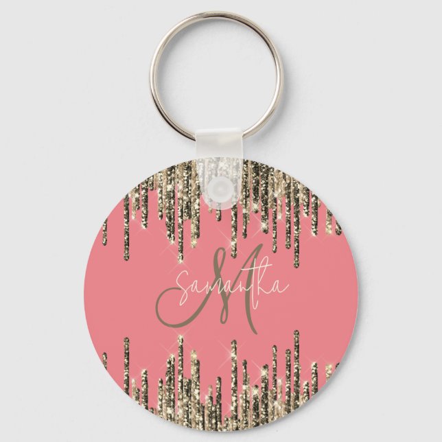 Girly Glam Glittery Pink & Golden Monogram  Keychain (Front)