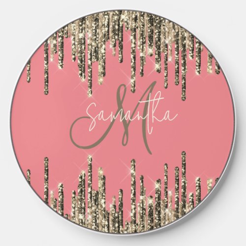 Girly Glam Glittery Pink  Golden Monogram Wireless Charger