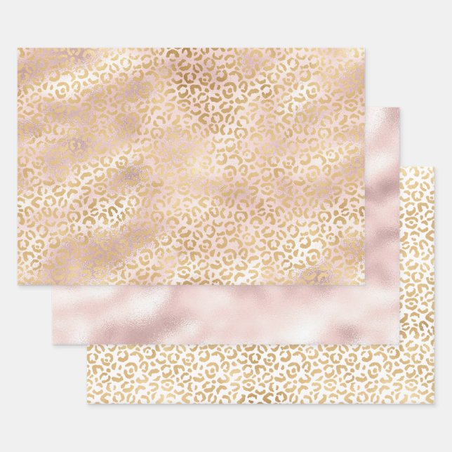 Girly Glam Gold Blush Pink Leopard Print Wrapping Paper Sheets (Set)