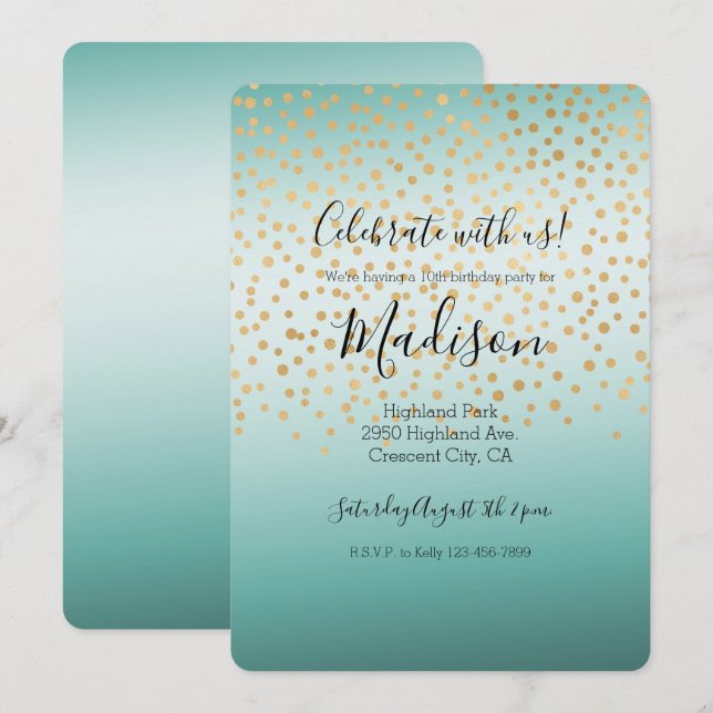Girly Glam Gold Confetti Mint Ombre Invitation (Front/Back)