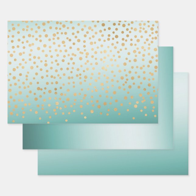 Girly Glam Gold Confetti Mint Ombre Wrapping Paper Sheets (Set)