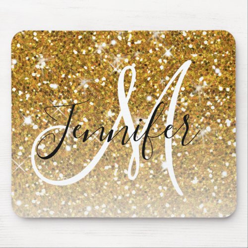 Girly Glam Gold Glitter Sparkles Monogram Name Mouse Pad