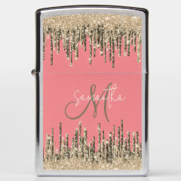 Girly Glam Gold Glittery Drips Monogram Zippo Lighter