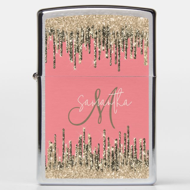 Girly Glam Gold Glittery Drips Monogram  Zippo Lighter (Front)
