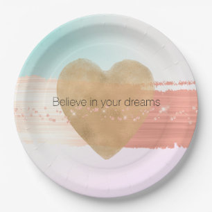 Girly Glam Gold Heart Peach Blush Sparkle Tie Dye Paper Plates