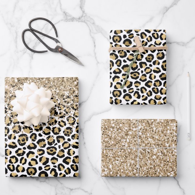 Girly Glam Gold Leopard Print Glitter Sparkle  Wrapping Paper Sheets (Front)