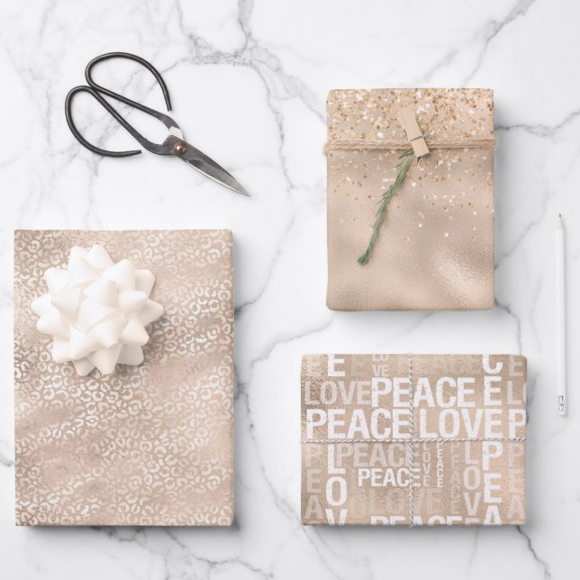 Girly Glam Gold Love Peace Glitter Leopard Print Wrapping Paper Sheets (Front)
