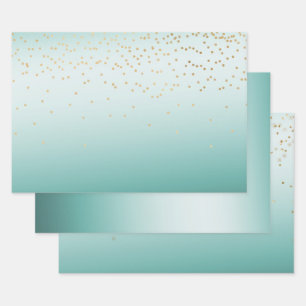 Girly Glam Gold Mini Confetti Mint Ombre Wrapping Paper Sheets