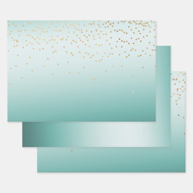 Girly Glam Gold Mini Confetti Mint Ombre Wrapping Paper Sheets (Set)