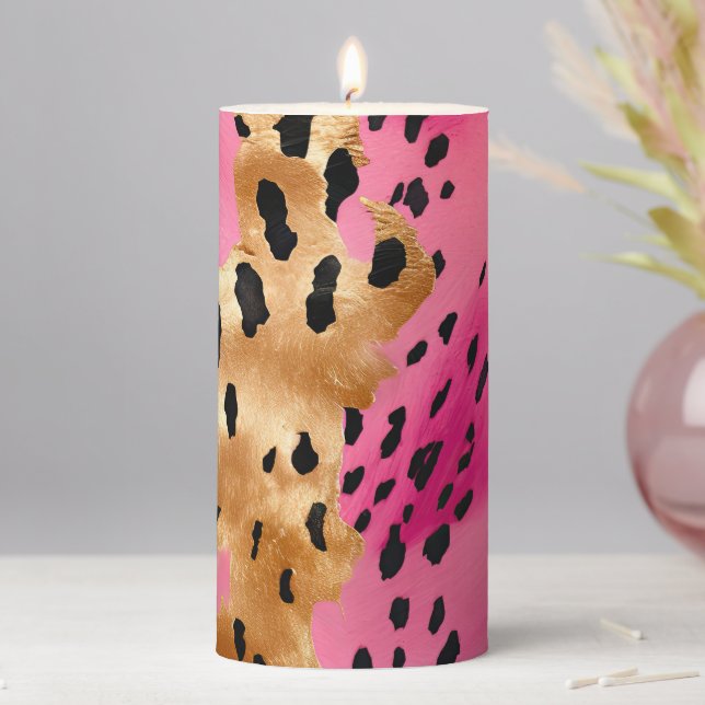 Girly Glam Gold Pink Black Leopard  Pillar Candle (In Situ)